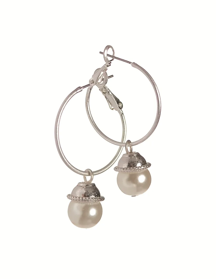 Pearl Drop Hoop Earrings in Worn Silver- LF867