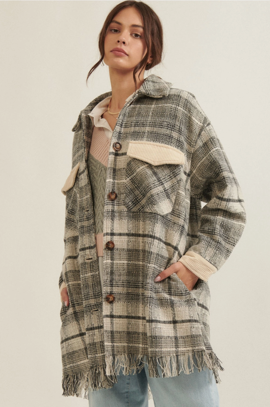 PETA Plaid Tweed Collared Button Front Shacket