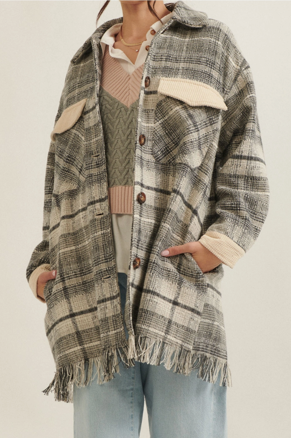 PETA Plaid Tweed Collared Button Front Shacket