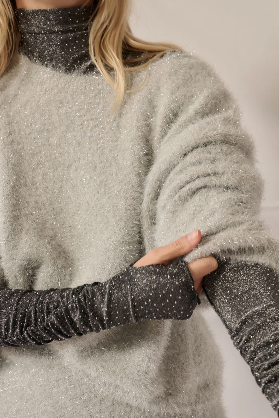 BELOVED Knit Studded Bodysuit with Thumb Holes in Gunmetal Silver