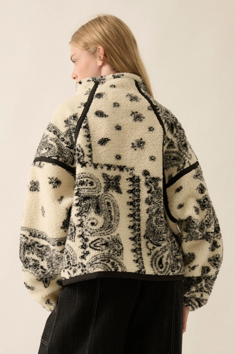 SHERPA Floral Bandana Print Zip Oversized Fleece Jacket