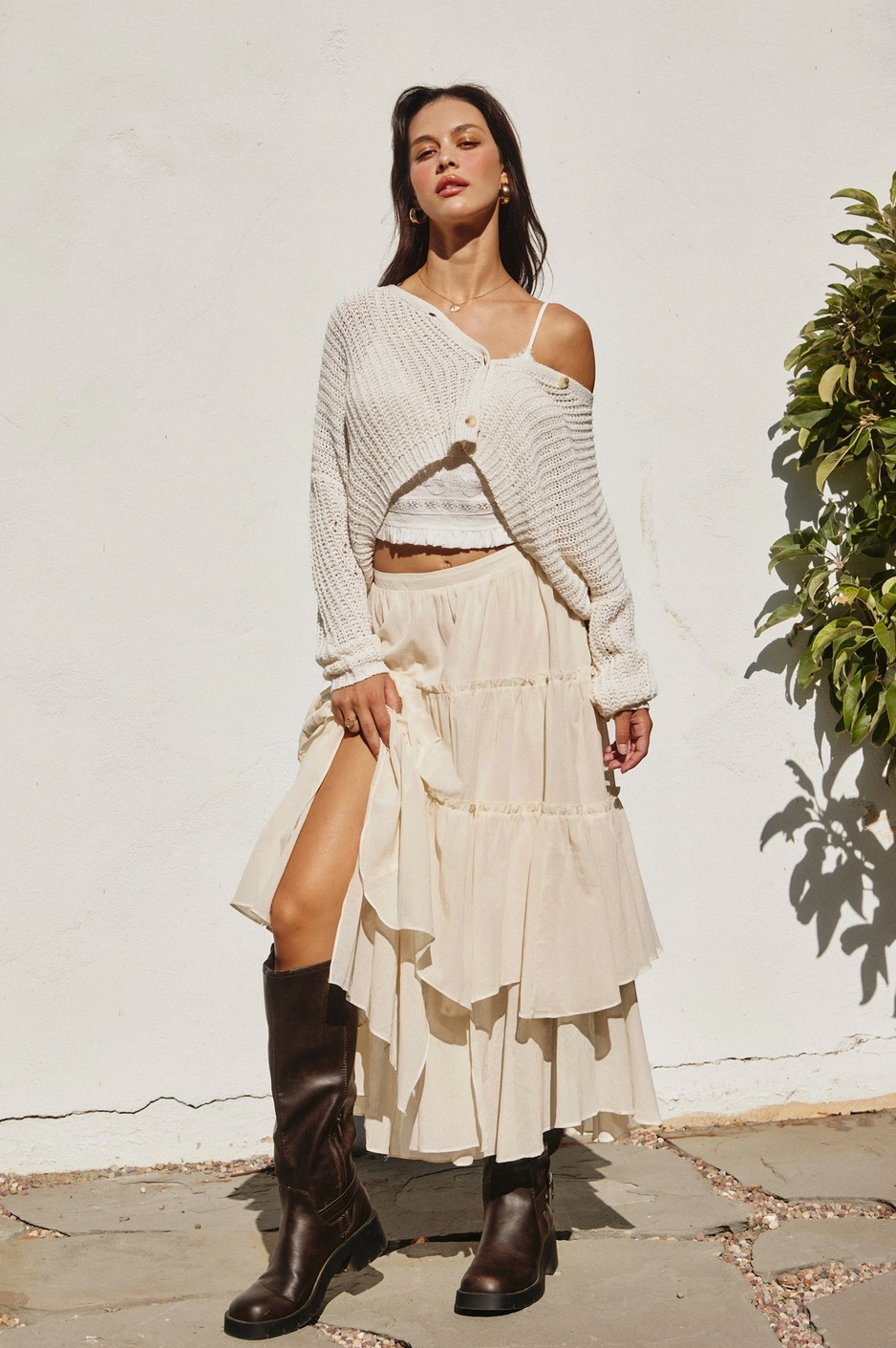 Double The Fun Tiered Flowy Boho Maxi Skirt in Cream