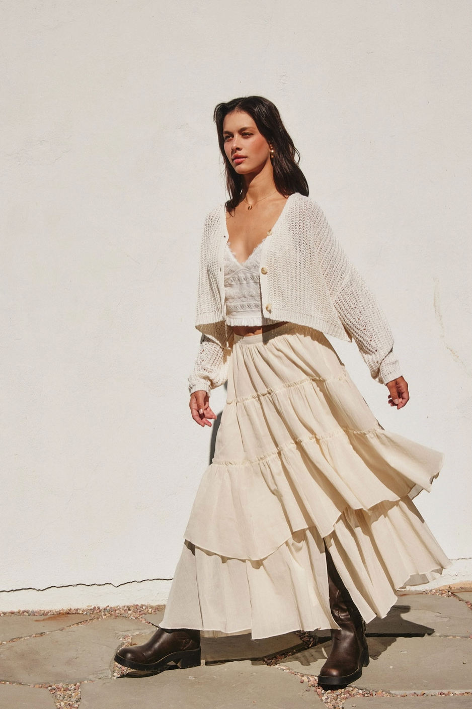 Double The Fun Tiered Flowy Boho Maxi Skirt in Cream