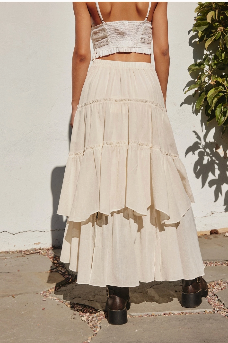 Double The Fun Tiered Flowy Boho Maxi Skirt in Cream