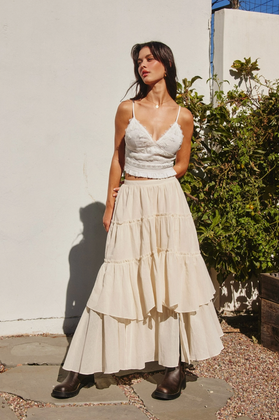 Double The Fun Tiered Flowy Boho Maxi Skirt in Cream