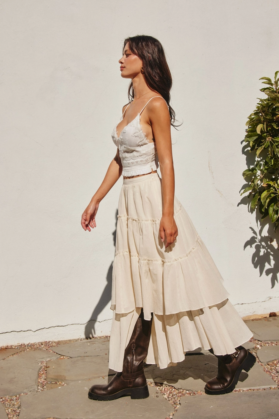 Double The Fun Tiered Flowy Boho Maxi Skirt in Cream