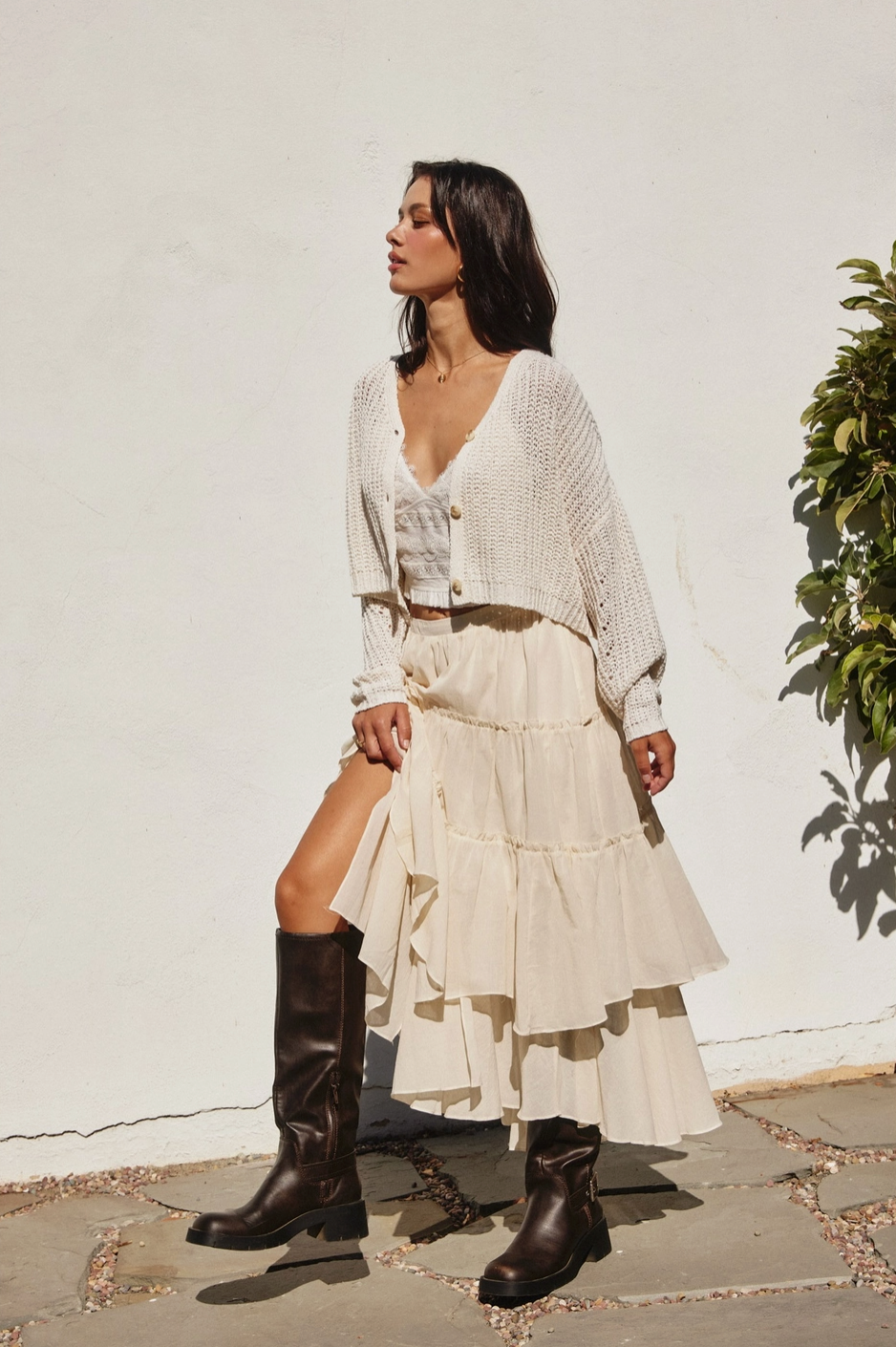 Double The Fun Tiered Flowy Boho Maxi Skirt in Cream