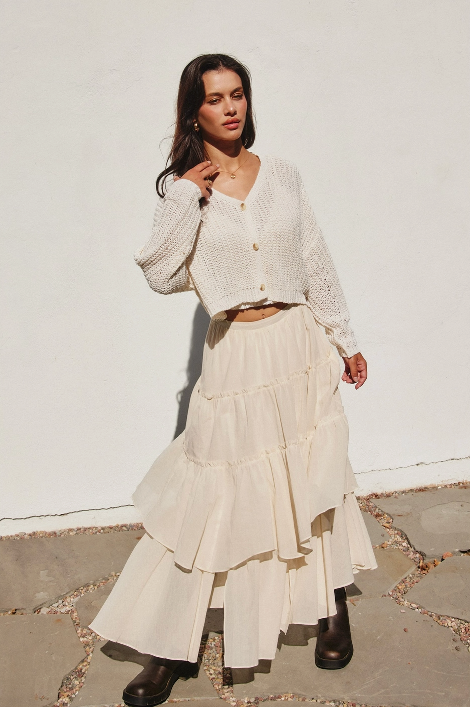 Double The Fun Tiered Flowy Boho Maxi Skirt in Cream