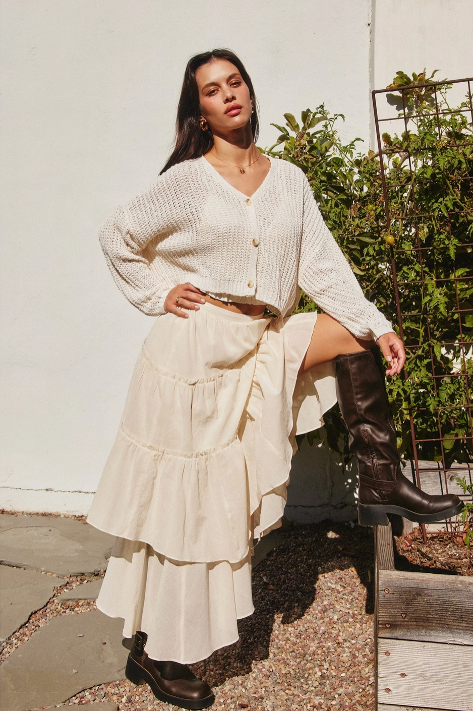 Double The Fun Tiered Flowy Boho Maxi Skirt in Cream