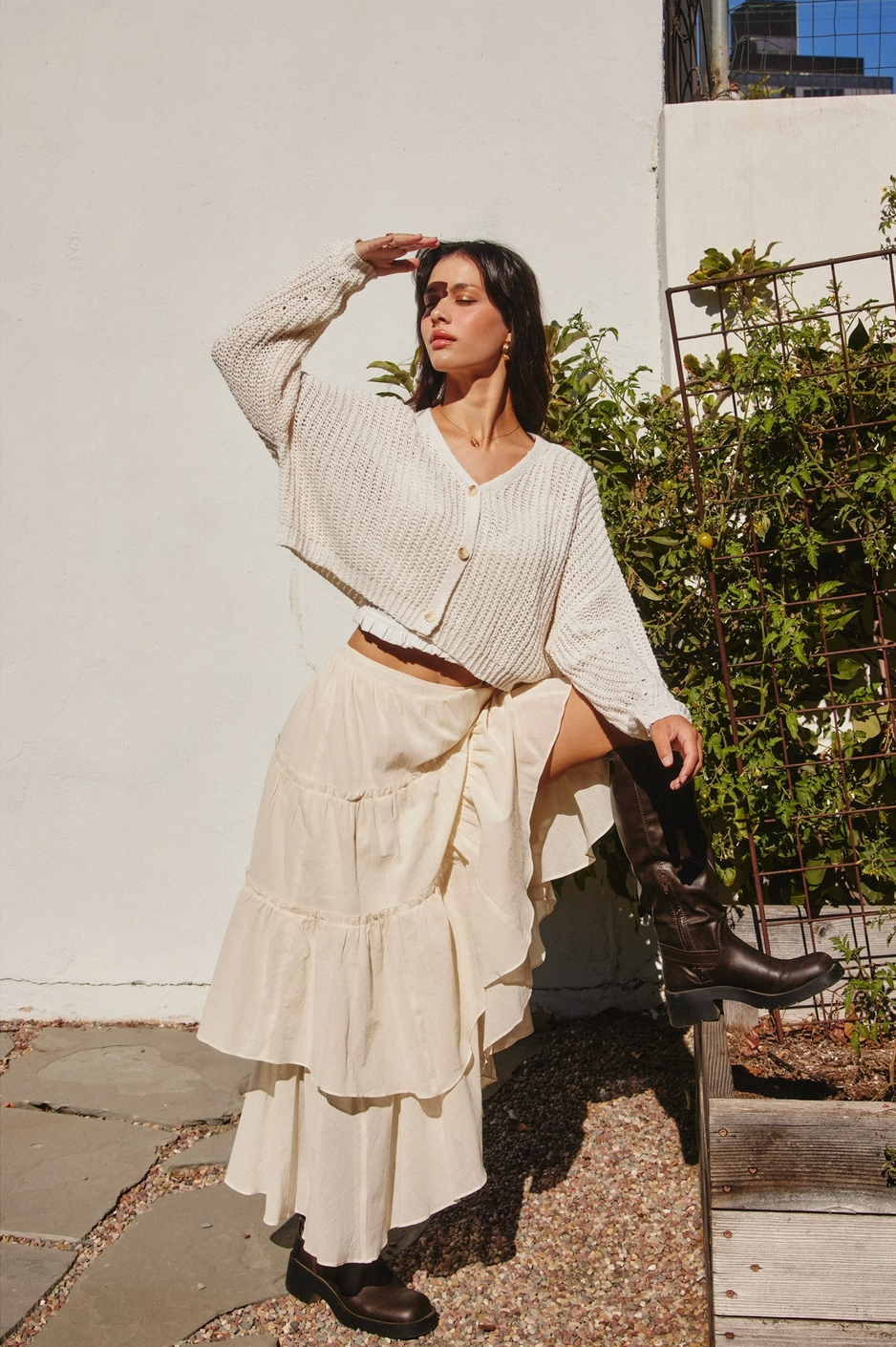 Double The Fun Tiered Flowy Boho Maxi Skirt in Cream