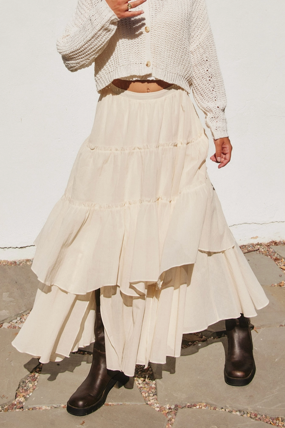 Double The Fun Tiered Flowy Boho Maxi Skirt in Cream