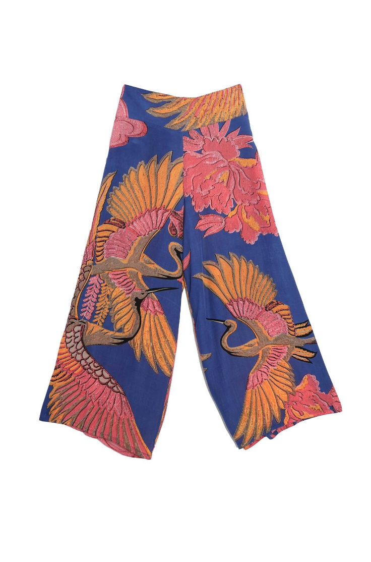 Crepe Palazzo Trousers in Cobalt Blue Crane Print by One Hundred Stars - PPCCRACOB