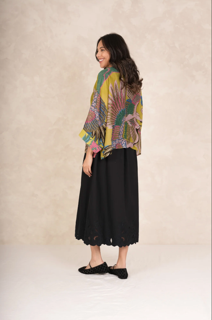 One Hundred Stars Short Lightweight Kimono in Olive Green Crane Print - KIMCRAOLI