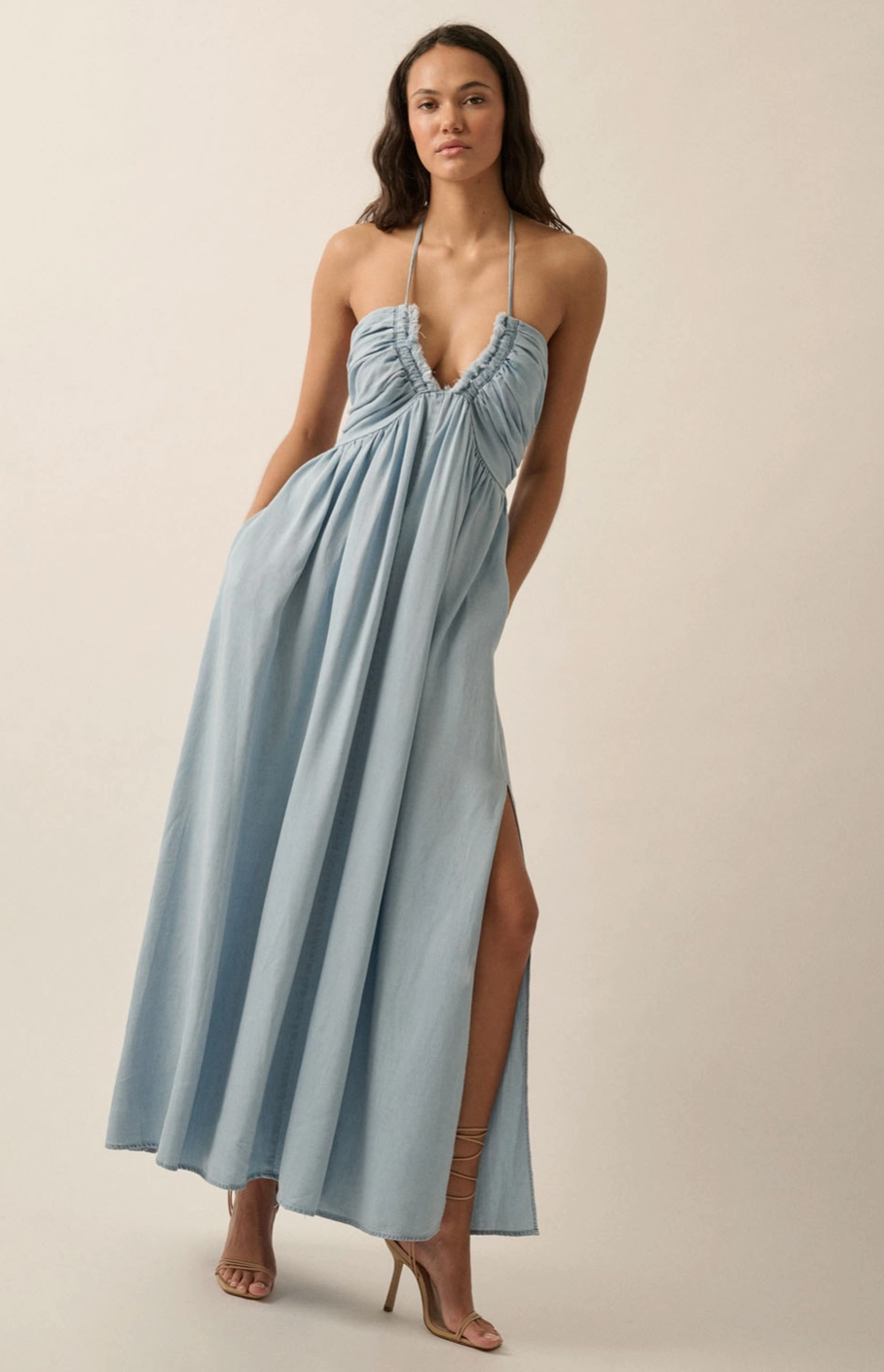 ATTACH Halter Neck Chambray Denim Maxi Dress