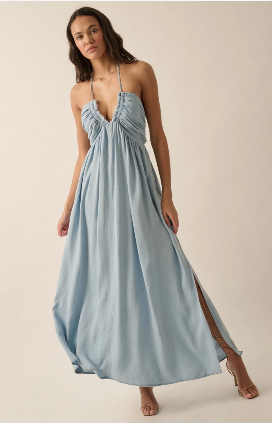 ATTACH Halter Neck Chambray Denim Maxi Dress