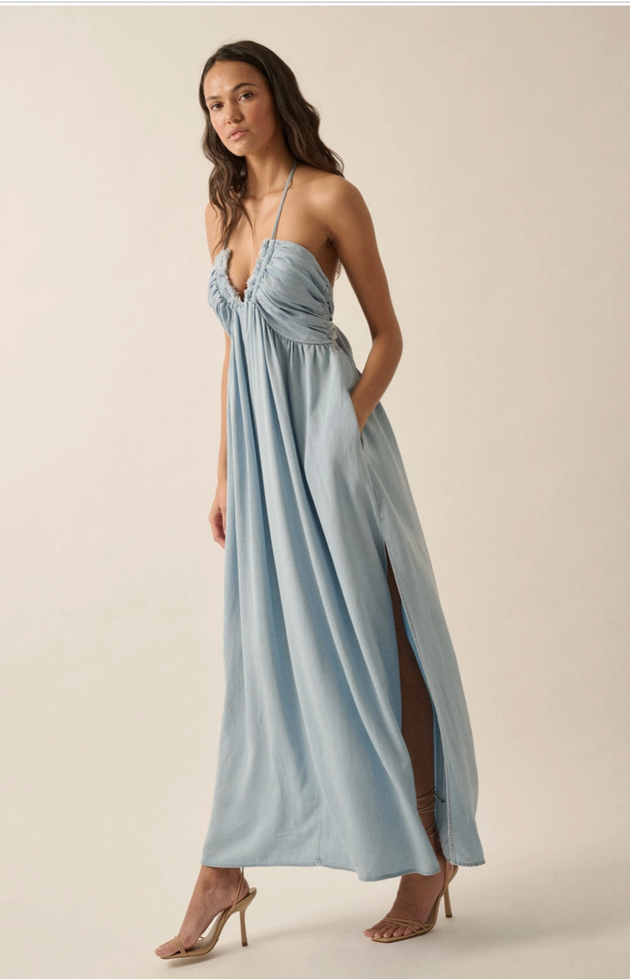 ATTACH Halter Neck Chambray Denim Maxi Dress