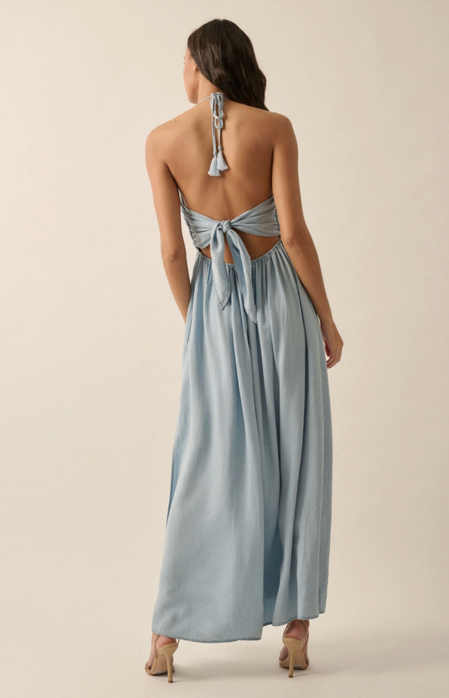 ATTACH Halter Neck Chambray Denim Maxi Dress