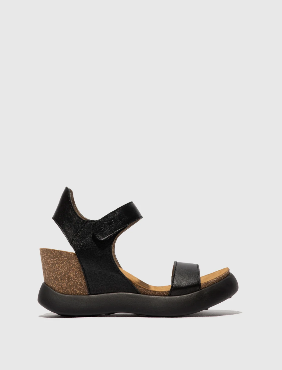 GOGO 967 Fly London Wedge Leather Sandals in Black