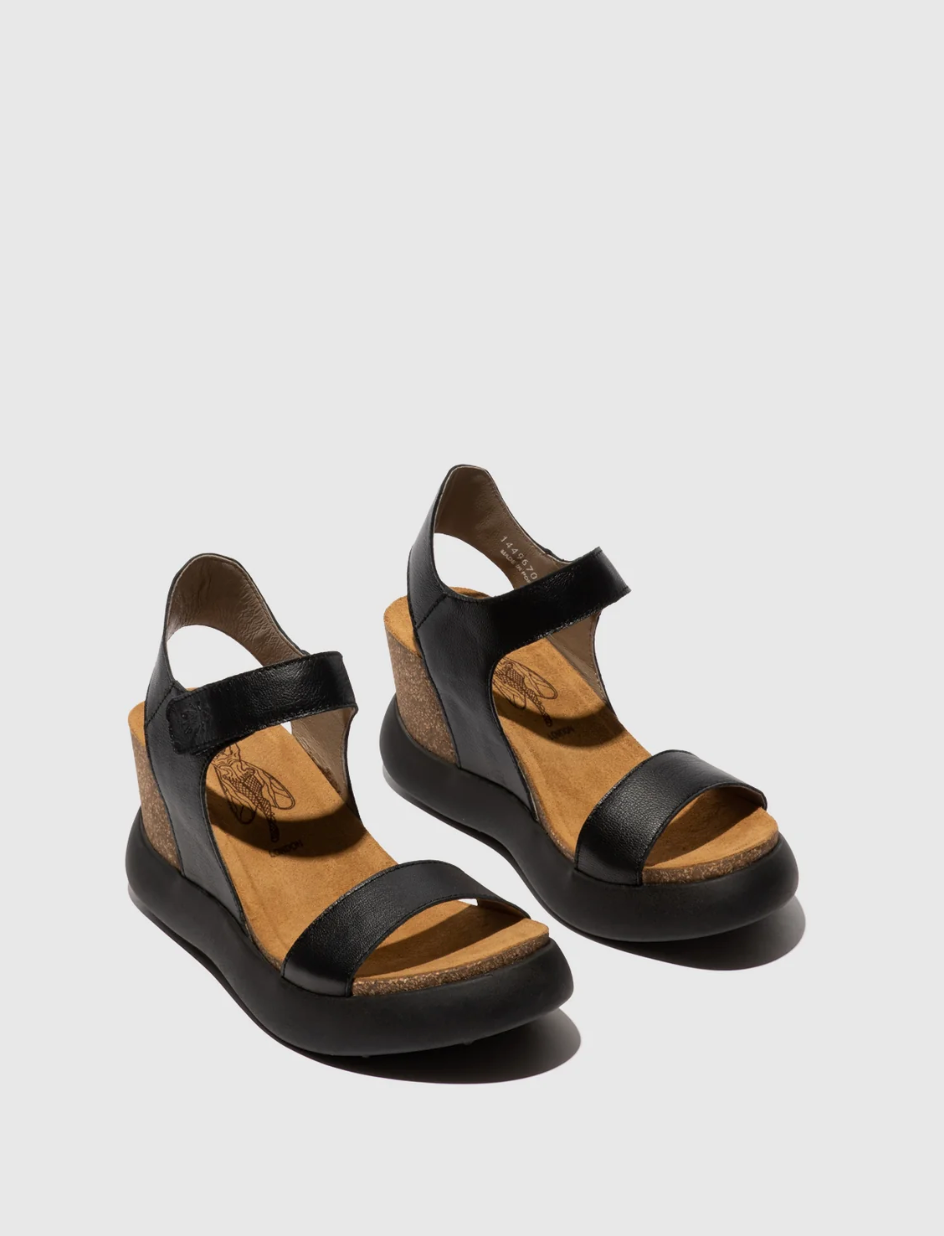 GOGO 967 Fly London Wedge Leather Sandals in Black