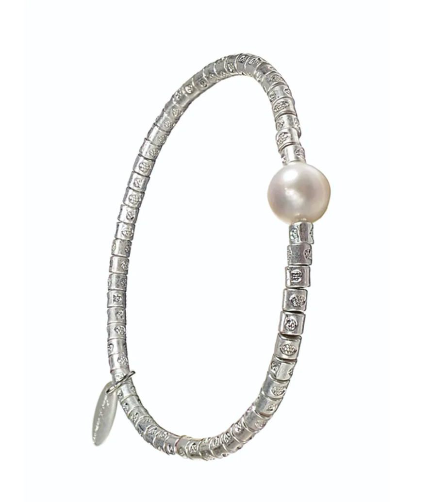 Bugle Bead Silver Bracelet with Capruted Natural Pearl in Silver -  SC338