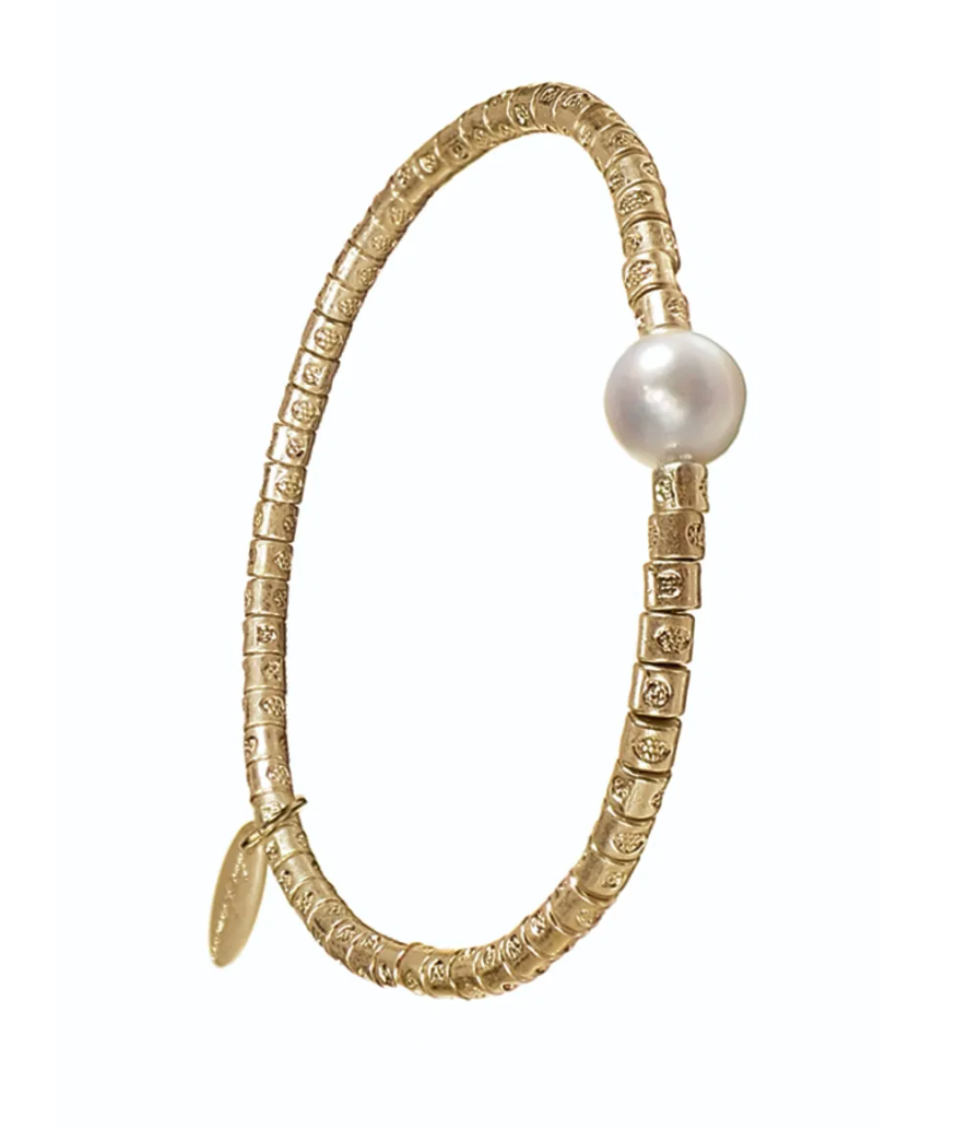 Bugle Bead Bracelet with Capruted Natural Pearl in Gold - SC339