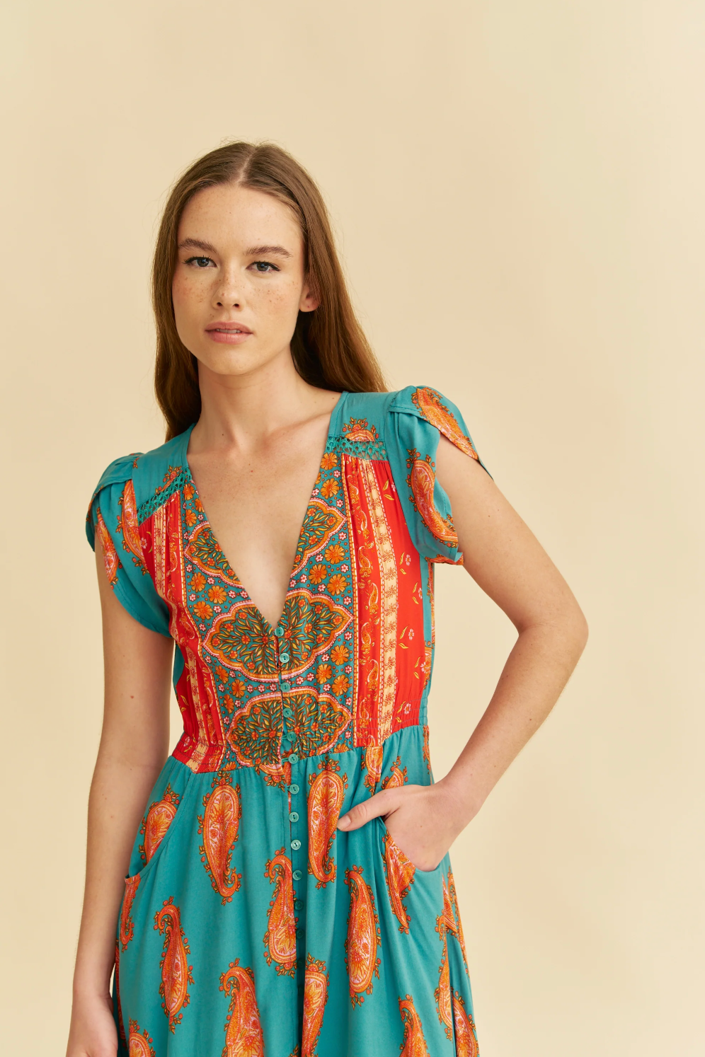 Carmen Cap Sleeve Maxi Dress in Paisley Dreams Print