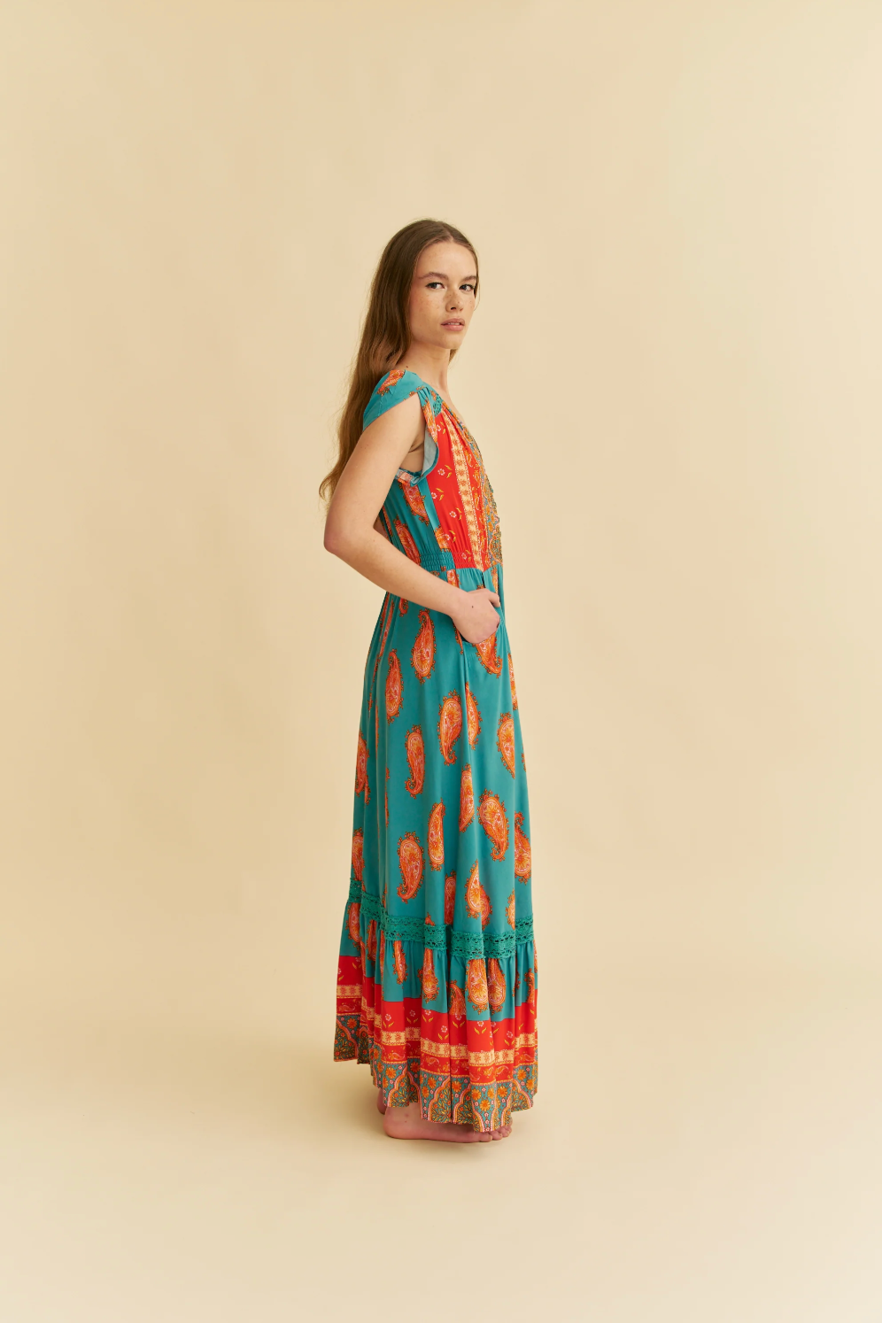Carmen Cap Sleeve Maxi Dress in Paisley Dreams Print