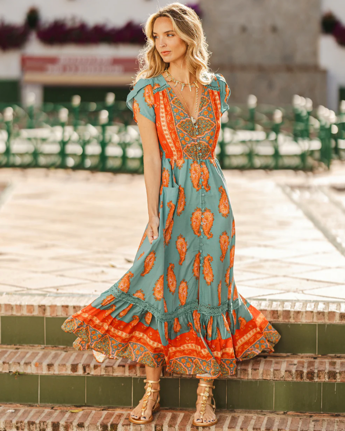 Carmen Cap Sleeve Maxi Dress in Paisley Dreams Print