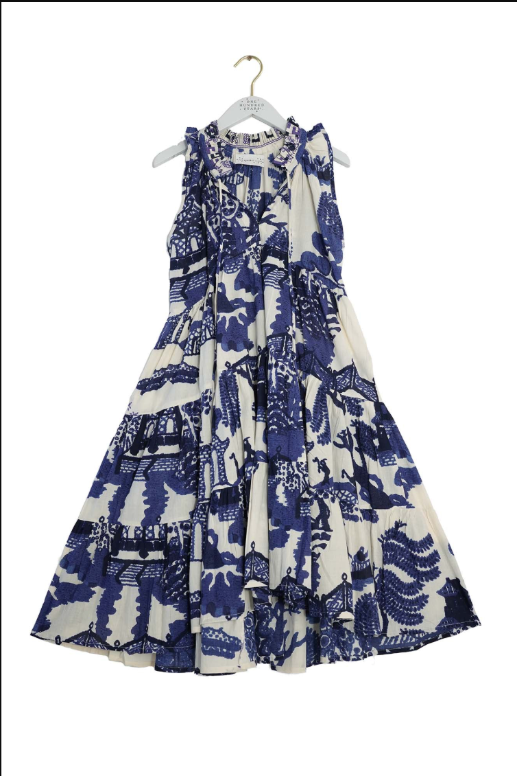 One Hundred Stars Mini Frill Dress in Giant Willow Blue Print - DRFGIWBLU