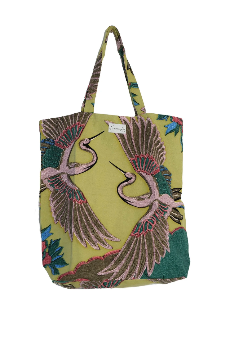 One Hundred Stars Large Canvas Shopper Bag in Olive Crane Print