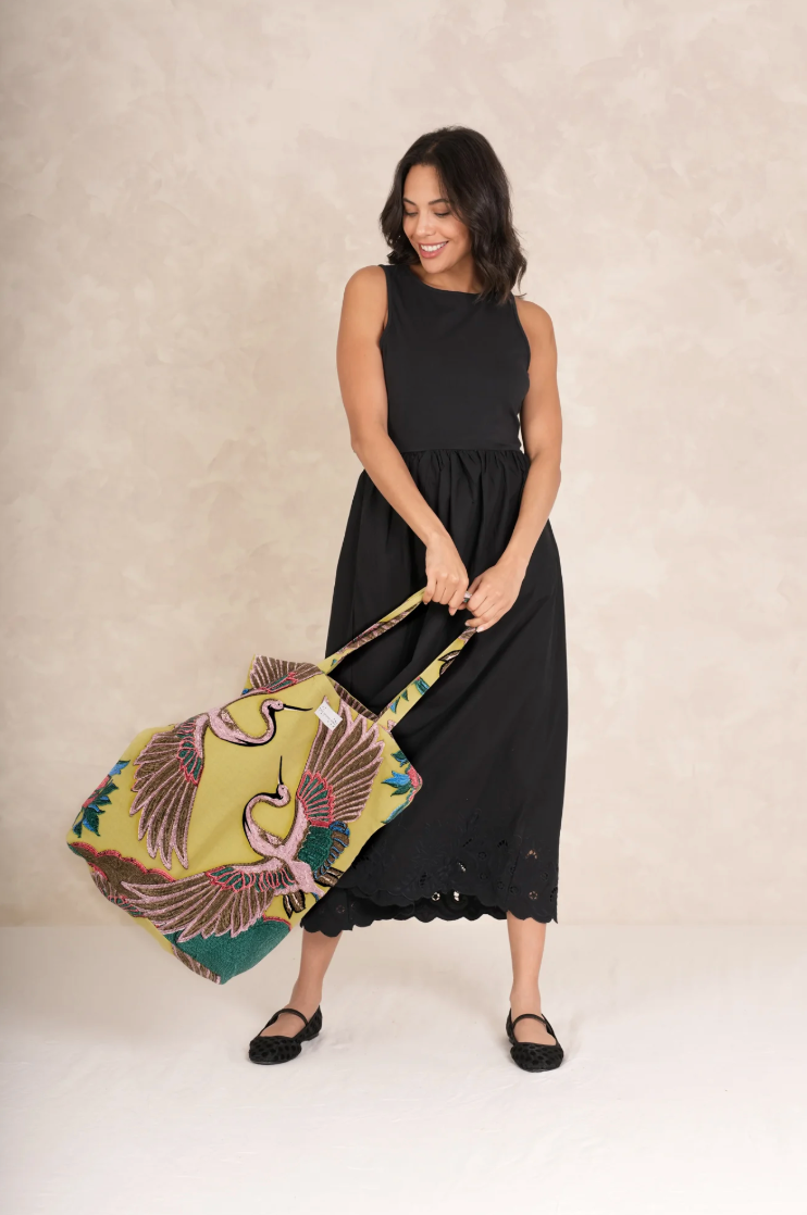 One Hundred Stars Large Canvas Shopper Bag in Olive Crane Print