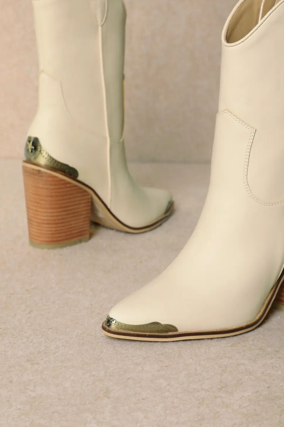BELLA Metal Tip Ankle Cowboy Boots in Cream