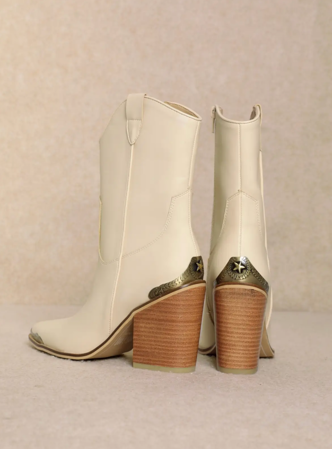 BELLA Metal Tip Ankle Cowboy Boots in Cream