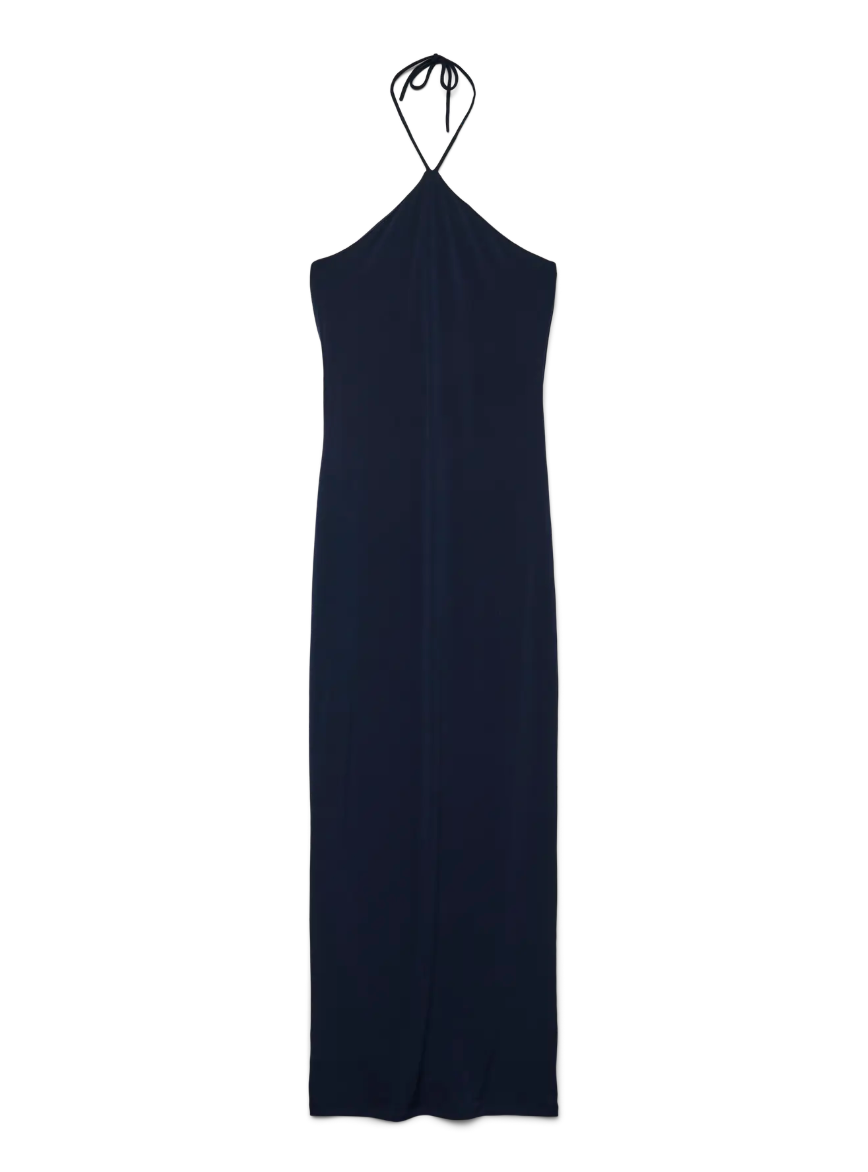SIENNA String Halter Neck Slim Split Dress in Dark Sapphire