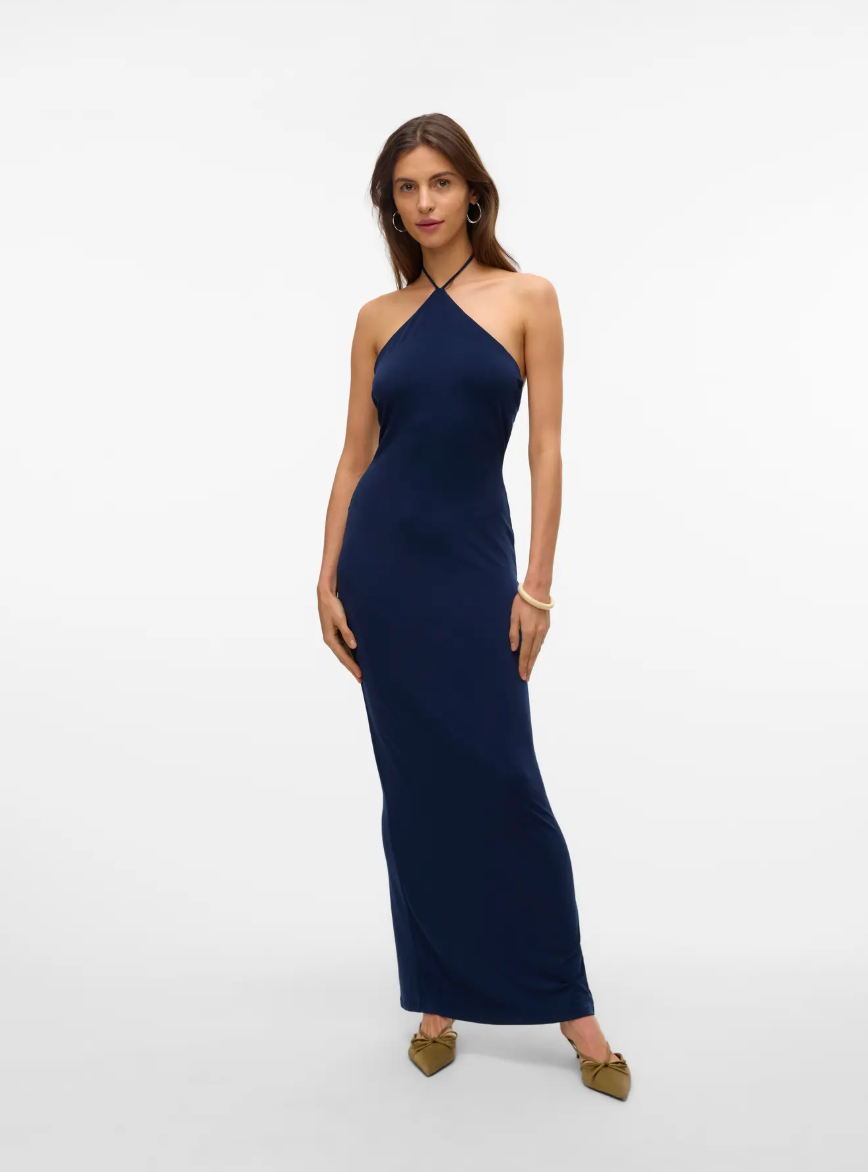 SIENNA String Halter Neck Slim Split Dress in Dark Sapphire