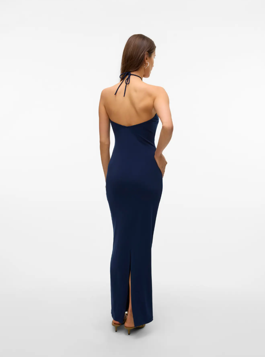 SIENNA String Halter Neck Slim Split Dress in Dark Sapphire