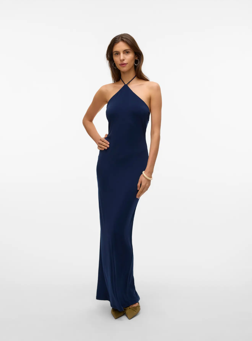 SIENNA String Halter Neck Slim Split Dress in Dark Sapphire