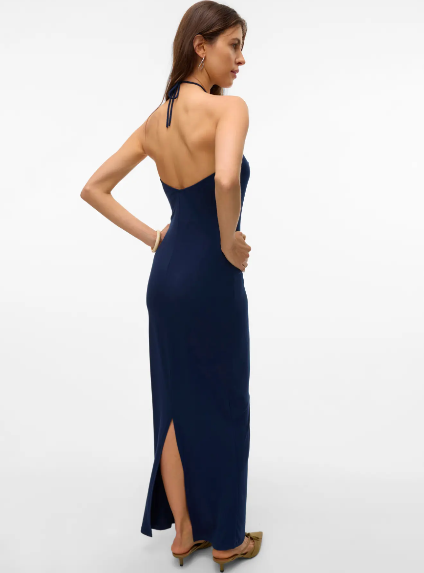 SIENNA String Halter Neck Slim Split Dress in Dark Sapphire