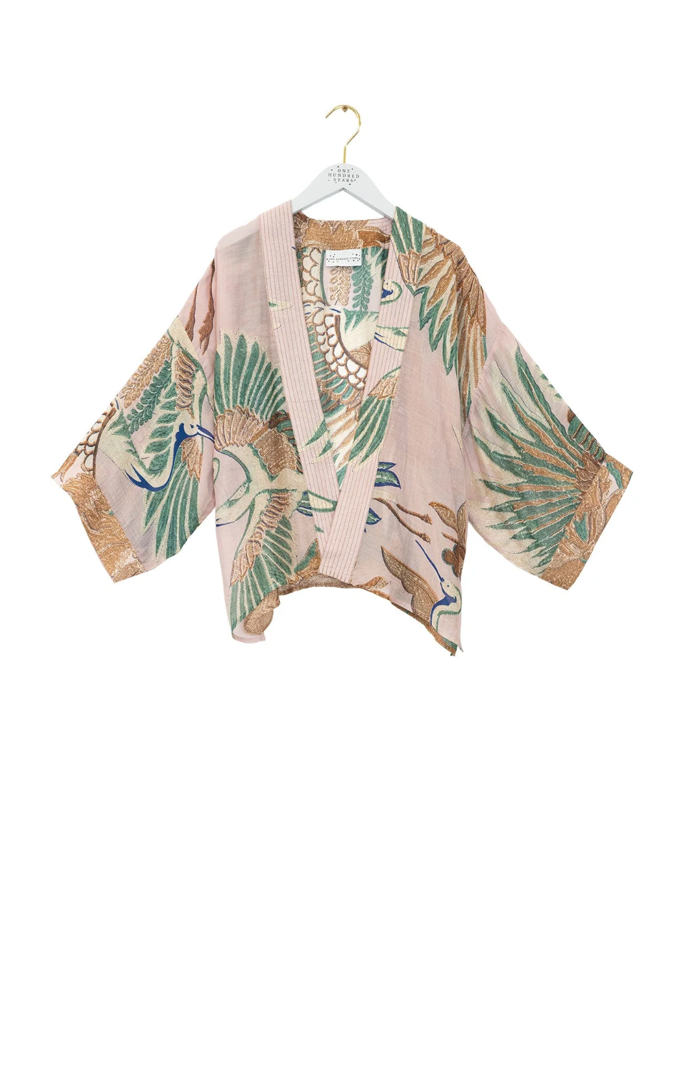 One Hundred Stars Print Short Kimono Jacket in Plaster Pink Crane Print - KIMCRAPIN