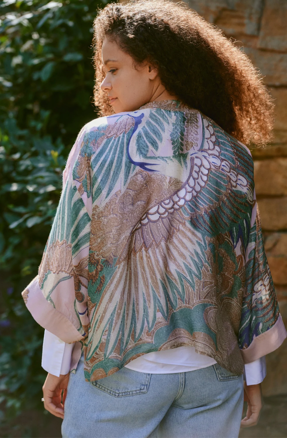One Hundred Stars Print Short Kimono Jacket in Plaster Pink Crane Print - KIMCRAPIN