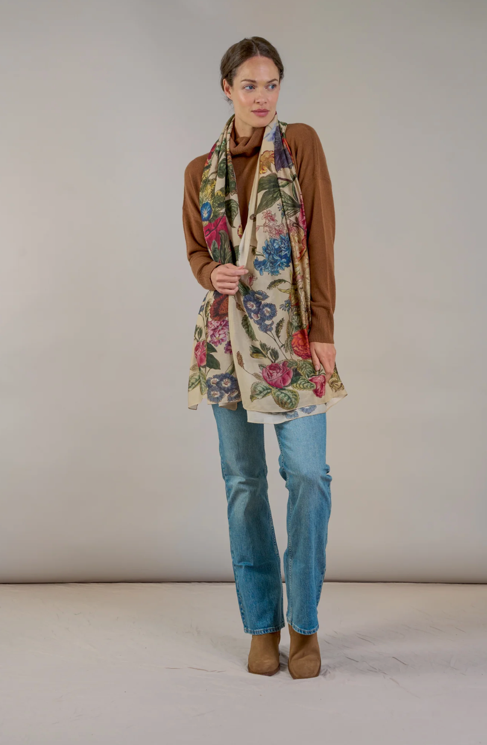 Printed Scarf in Stone Primula Print by One Hundred Stars - SCAPRISTO