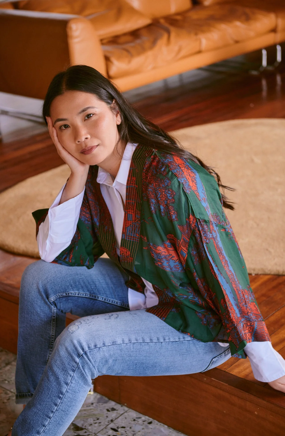 One Hundred Stars Print Short Kimono Jacket in Pagoda Forest Print - KIMPAGFOR
