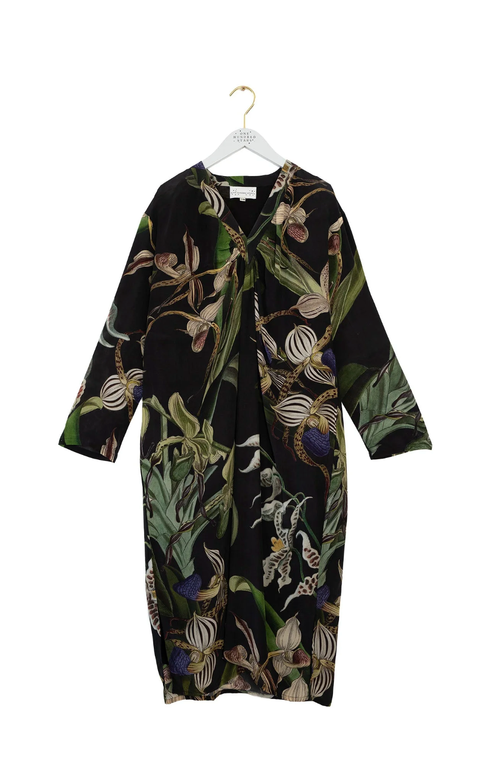 One Hundred Stars Midi Dress in Black Orchid Print - DRMORCBLK
