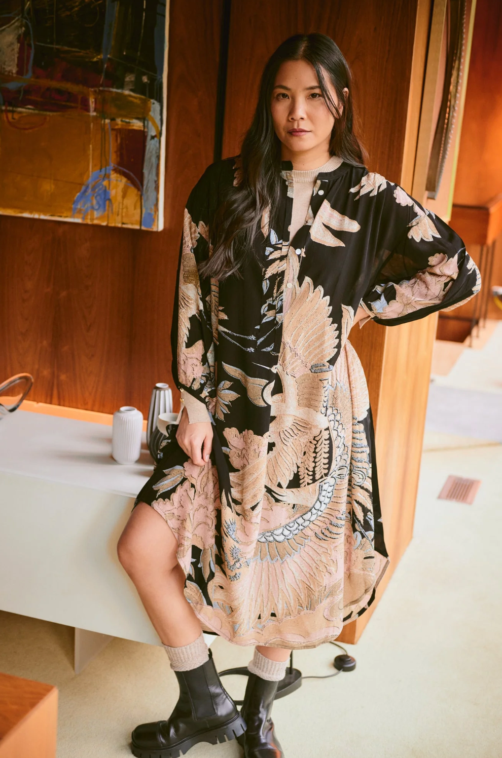 One Hundred Stars Darcy Dress in Black Crane Print - DRDCRABLK
