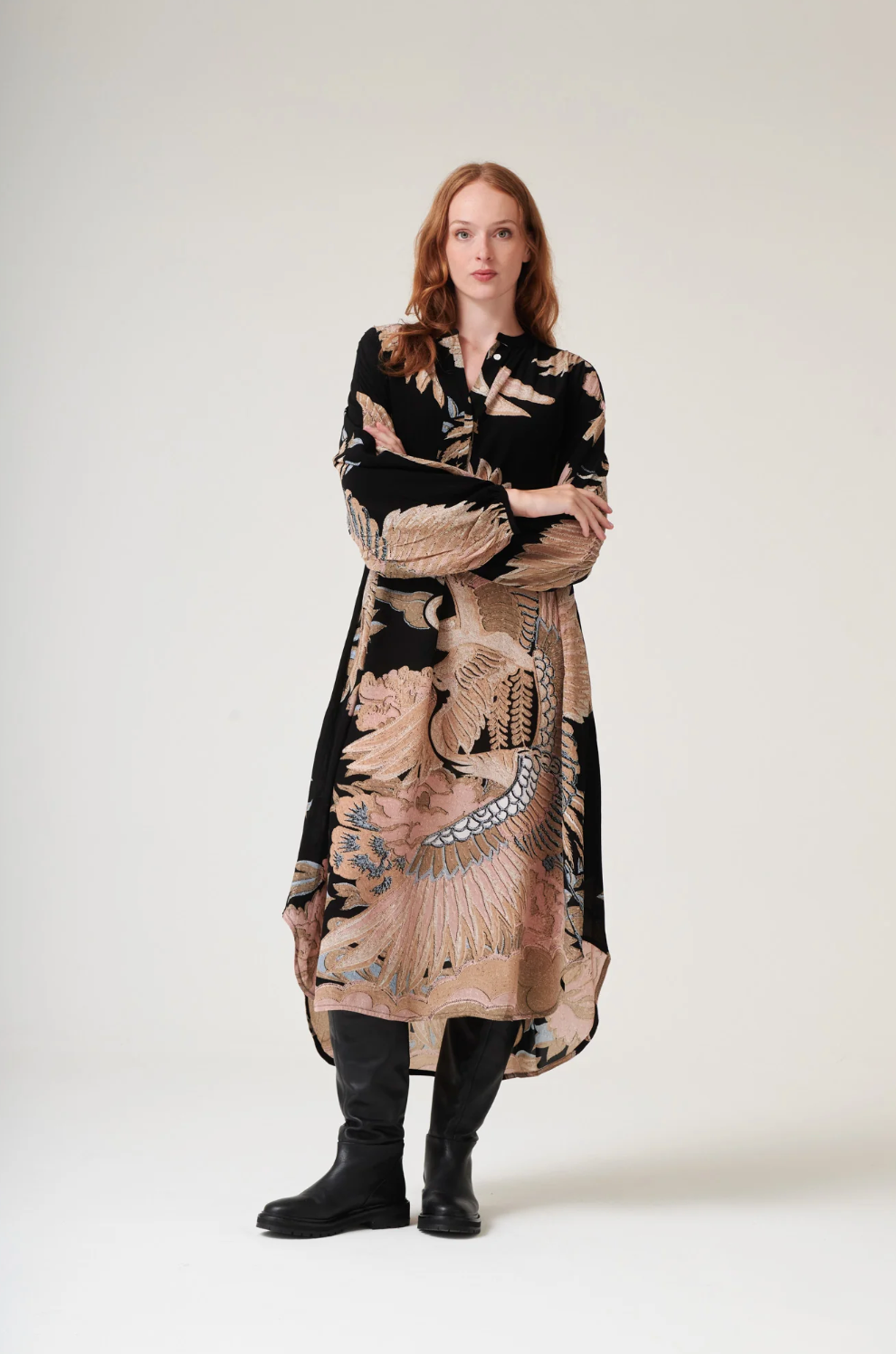 One Hundred Stars Darcy Dress in Black Crane Print - DRDCRABLK