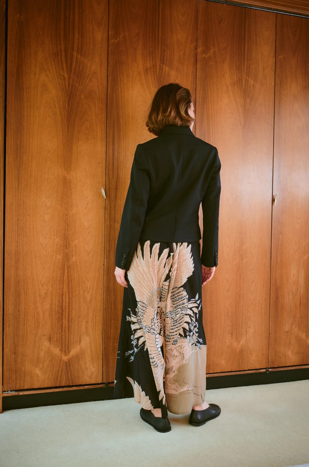 Crepe Palazzo Trousers in Black Crane Print by One Hundred Stars - PPCCRABLK