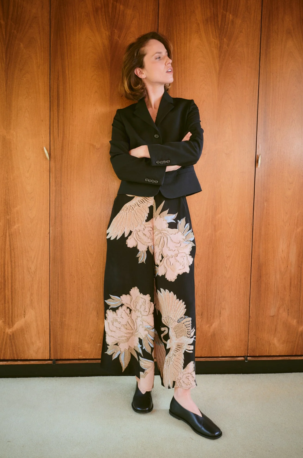 Crepe Palazzo Trousers in Black Crane Print by One Hundred Stars - PPCCRABLK