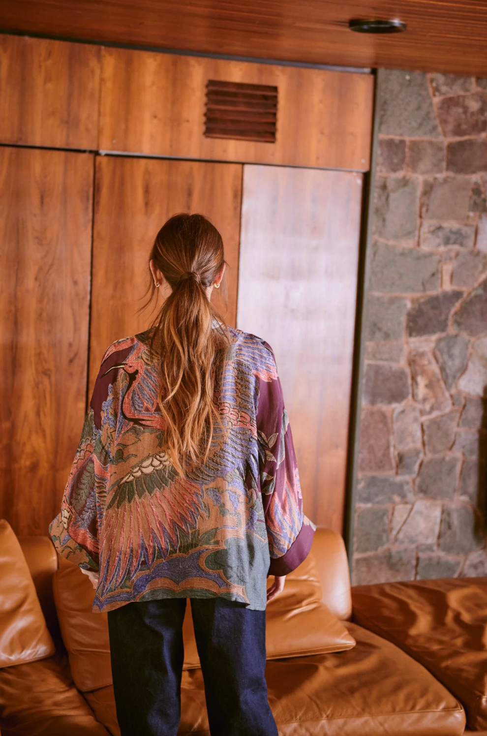 One Hundred Stars Print Short Kimono Jacket in Plum Crane Print - KIMCRAPLU
