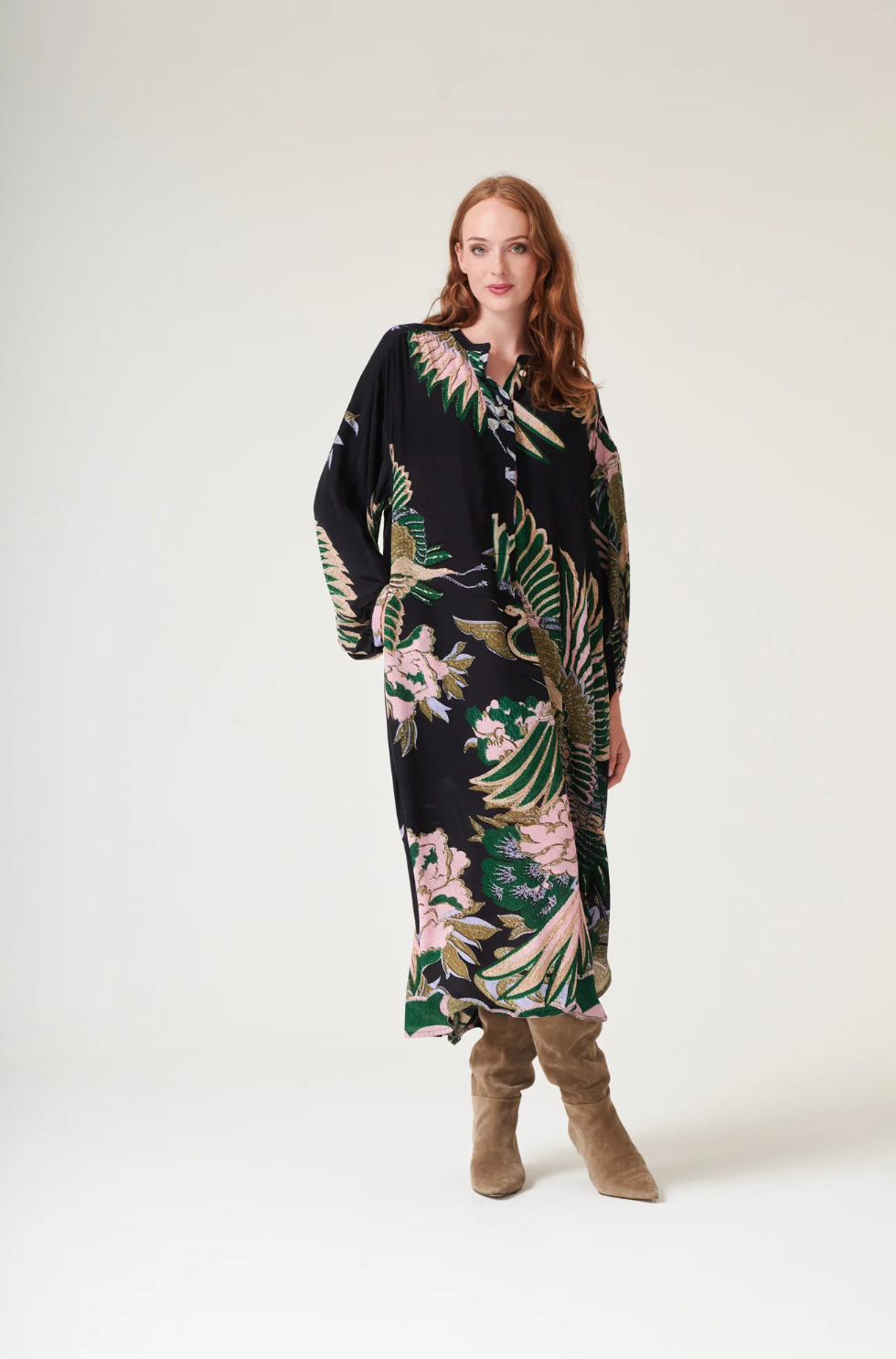 One Hundred Stars Darcy Dress in Emerald Crane Print - DRDCRAEML