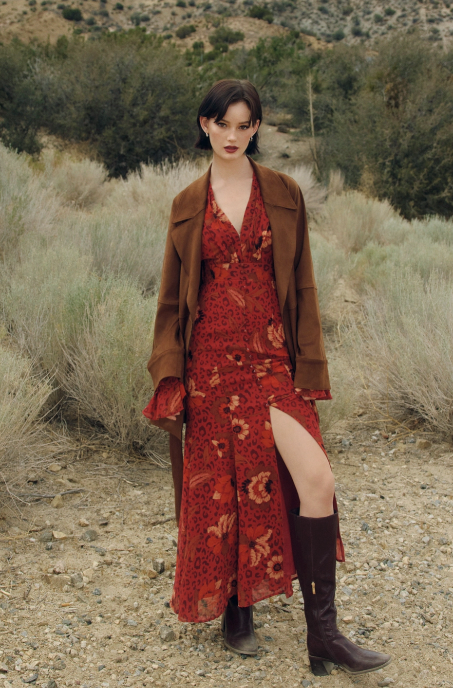 HARVEST Boho Floral Bell Sleeve Dress in Brandy Wine Red